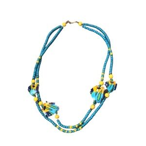 Vintage Colorful Wooden Beaded Fish Necklace 25”